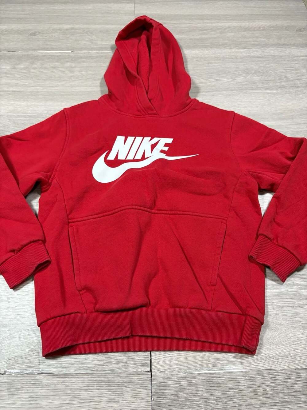 Nike Club Fleece Hoodie Size M Red White Logo Pullover Sweatshirt
